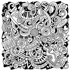 Cartoon hand-drawn doodles Musical illustration. Line art background