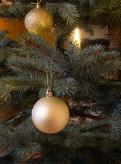 Christmas, Various Christmas tree ornaments with focus on a Christmas tree balls.It is pictured wood and glass Christmas tree ornament