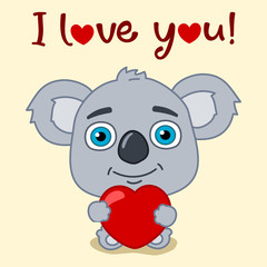 Valentine's day card - funny koala bear with red heart and text I love you