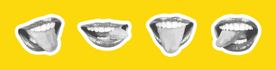 Collage of contemporary art in the style of a magazine with a set of female emotional lips. Closeup mouth girl expressing various emotions. Black and white tones colorful yellow background  
