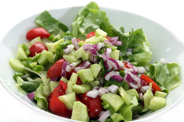 Greek salad with lettuce, tomatoes, cucumbers, peppers, red onion, oregano and feta