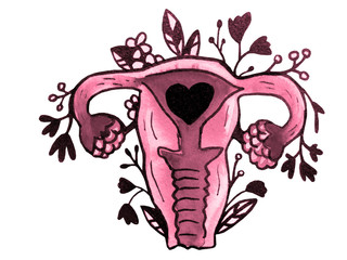 Watercolor women's print, organ of the uterus, vagina,  with flowers, feminism, female nature