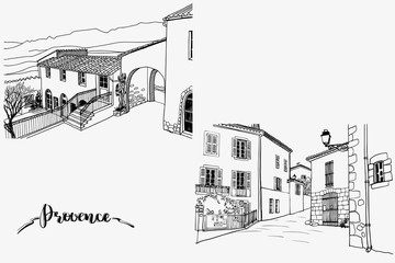 Two pictures with nice old streets and hills in romantic Provence, France. Urban sketches