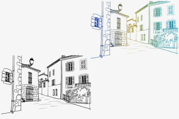 Two pictures with old street in romantic Provence, France. Urban sketches