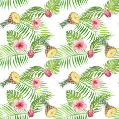 Seamless hand drawn Watercolor Tropical Pattern. Exotic fruits, palm leaves and hibiscus flower on white background.