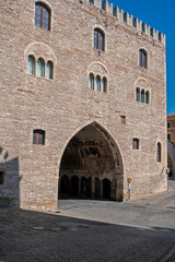 Fototapeta na wymiar Fabriano. medieval PodestÃ palace in the local romanesque-gothic local style, Marche, Italy.