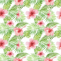Fototapeta na wymiar Seamless hand drawn Watercolor Tropical Pattern. Exotic hibiscus flower, palm and monstera leaves on white background.