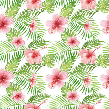 Seamless hand drawn Watercolor Tropical Pattern. Exotic hibiscus flower, palm and monstera leaves on white background. © Hanna