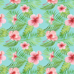 Seamless hand drawn Watercolor Tropical Pattern. Exotic hibiscus flower, palm and monstera leaves on blue background.