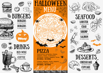 Halloween menu. Restaurant cafe menu, template design. Food flyer. - obrazy, fototapety, plakaty
