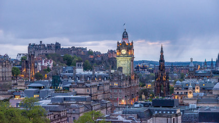 Fototapeta premium Edinburgh Castle Scotland UK beautiful city landmark architecture old town medieval Calton Hill Nelson Monument blue hour