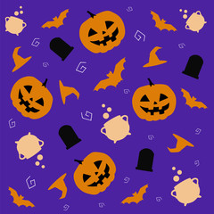 Halloween seamless pattern with witch cauldron, bat, witch hat, Pumpkins  