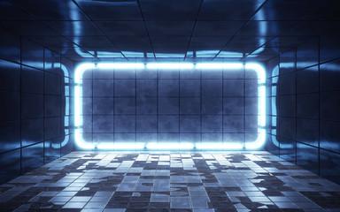 Dark abstract room with tiles and neon lights. 3d rendering
