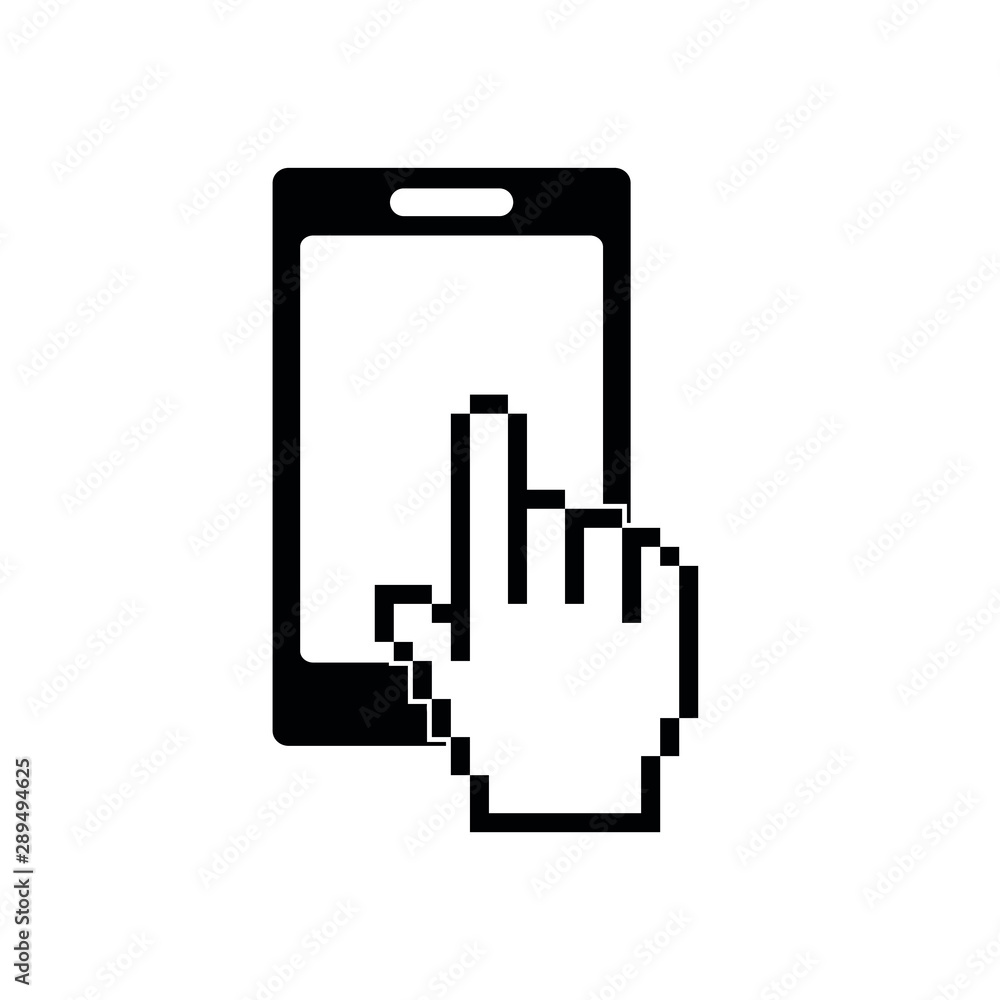 Poster mobile phone icon. mobile phone with pixel finger icon. mouse click vector icon.