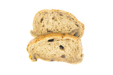 Close-up chocolate chip sliced bread isolated on white background.