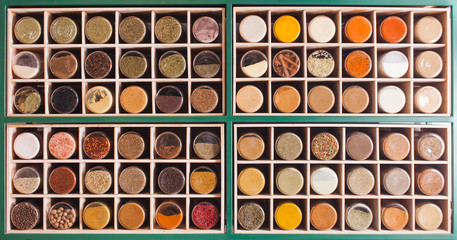 Front view of spices stacked in shelves