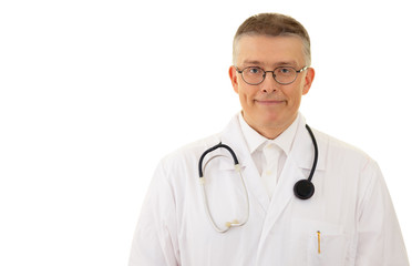 Fototapeta premium the man is a doctor in glasses and a medical gown. on the shoulders of the stethoscope. isolated background