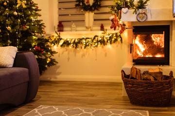 Christmas tree and home holiday decor on fireplace
