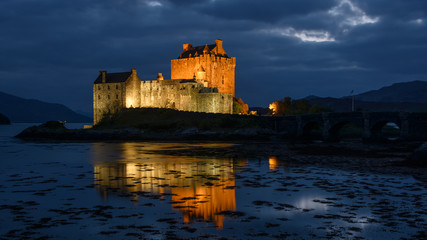 Eilean Donan Castle Scotland landmark Scottish old fortress medieval lake bay bridge beautiful view long exposure