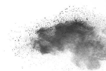 Abstract powder splatted background. Black powder explosion on white background. Colored cloud. 
