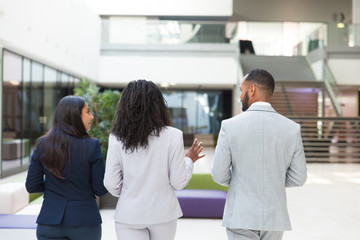 Obraz premium Multiethnic business group chatting on their way to office. Rear view of business man and women walking through hallway, talking and gesturing. Business team concept