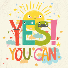 vector card yes you can. lettering with cute sun