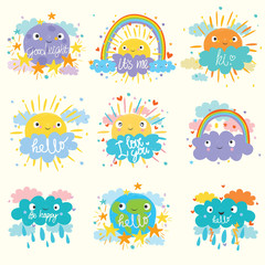 vector set. cute sun, moon, cloud and planet. funny cartoon.  Card for kids.