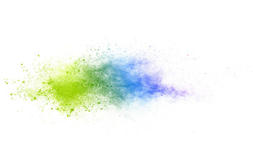 Freeze motion of colorful color powder exploding on white background.  Paint Holi.