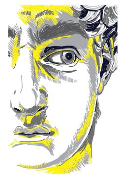Greek sculpture young man. Greek statue Renewal, famous sculpture. Drawing markers, pop art. Stylish poster.