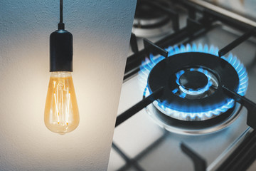 Fototapeta Gas stove and light bulb. Utility bills concept obraz
