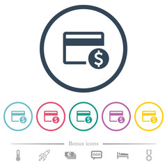 Dollar credit card flat color icons in round outlines