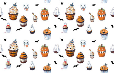 Seamless background with Halloween Cupcakes