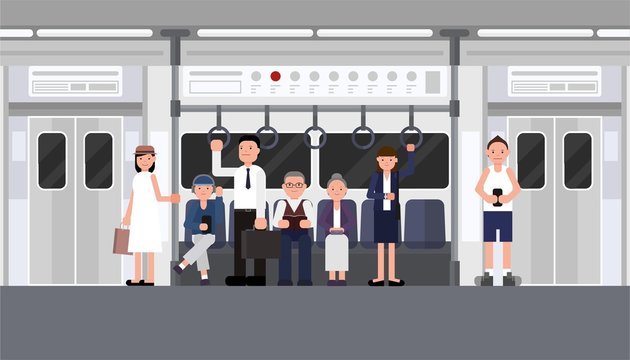 Inside subway with people. underground railways with man and woman. Interior of tube. concept vector design.