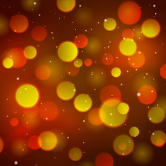 Beautiful blurred background in orange and yellow colors. Night city glitter lights backdrop. Merry Christmas and Happy new year decoration. Abstract defocused wallpaper vector illustration.
