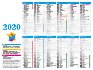 Calendrier 2020 bleu. France. Vacances scolaires, nombre de semaines et jours fériés.