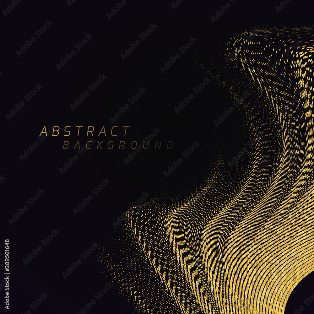 Poster soft bend of a gold striped surface with a depth effect consisting of many small dots. abstract back