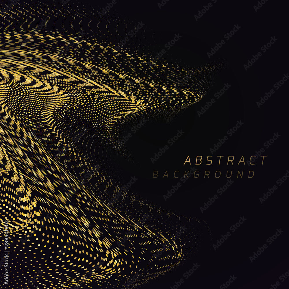 Poster soft bend of a gold striped surface with a depth effect consisting of many small dots. abstract back