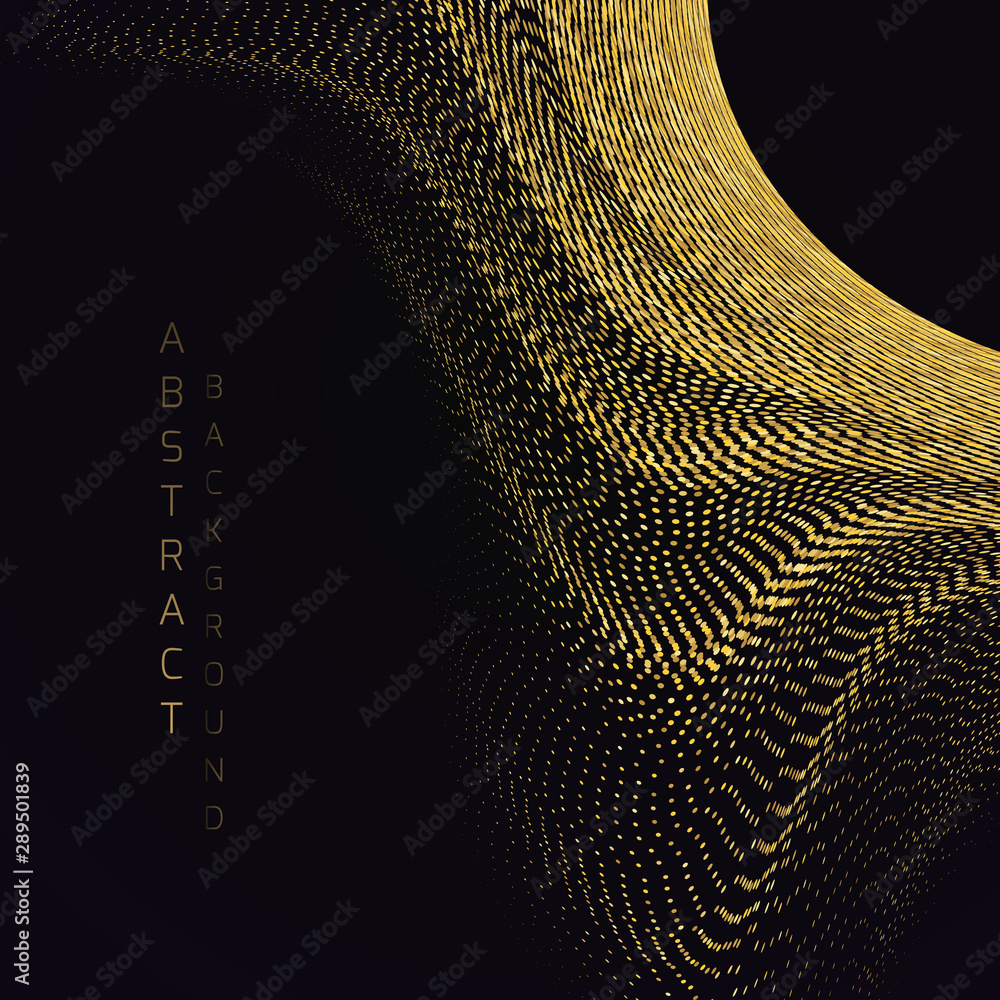 Poster soft bend of a gold striped surface with a depth effect consisting of many small dots. abstract back