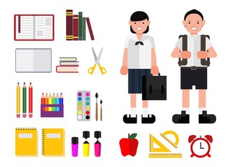 Student with a education items. Boy and Girl in student costume. Isolated flat vector.