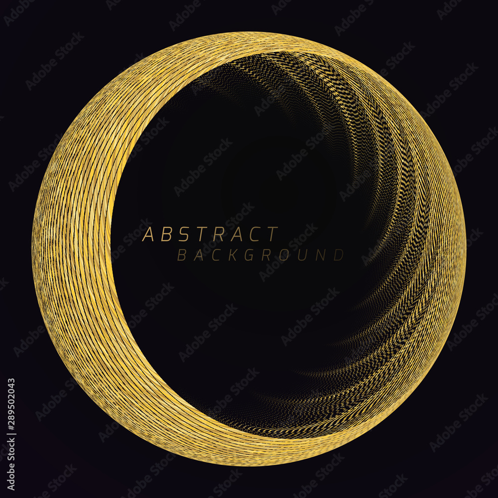 Poster round frame made of many gold small dots and waves with the effect of depth. element for design.