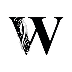 letter W. Black flower letters,  alphabet.  Beautiful capital letter. vector