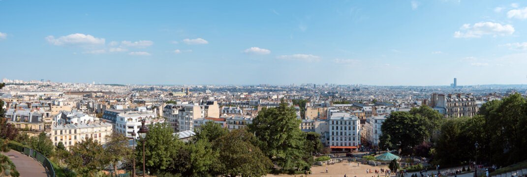 Skyline of Paris, view of the roofs. Paris to horizon view from montmartre
