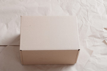 Brown carton box laying on sheets of crumpled kraft paper.