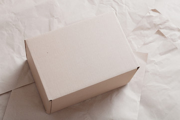 Brown carton box laying on sheets of crumpled kraft paper.