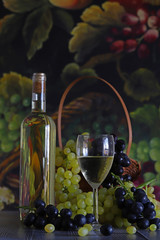 White and red grapes in basket, white wine in bottle and glass.