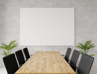 Close up empty meeting room with chairs, wooden table, concrete wall for copy space and mock up