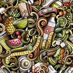 Fototapeta na wymiar Cartoon cute doodles hand drawn Diet food seamless pattern
