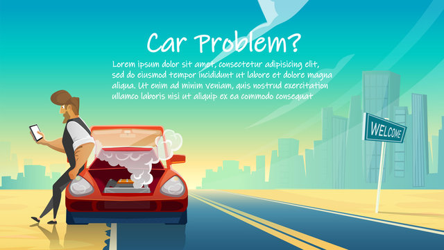 Man Calls Car Service. Breakdown and Car Problems.