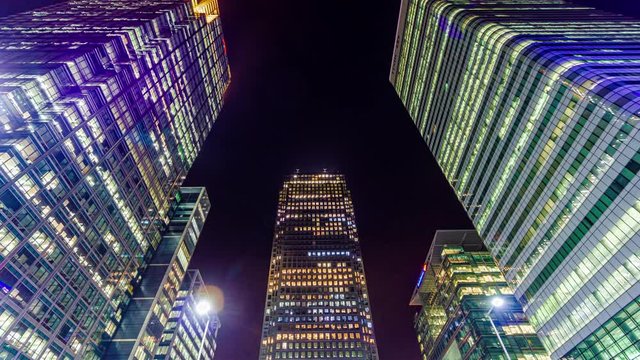 London City Canary Wharf HSBC Citi Bank Towers Offices Lights Flickering Time Lapse Night Day