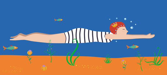 Vector illustration of a girl or woman swimming and diving under the water in the sea, river or lake, surrounded by fish, seaweeds, underwater plants ad of swimming pool or learning to swim courses